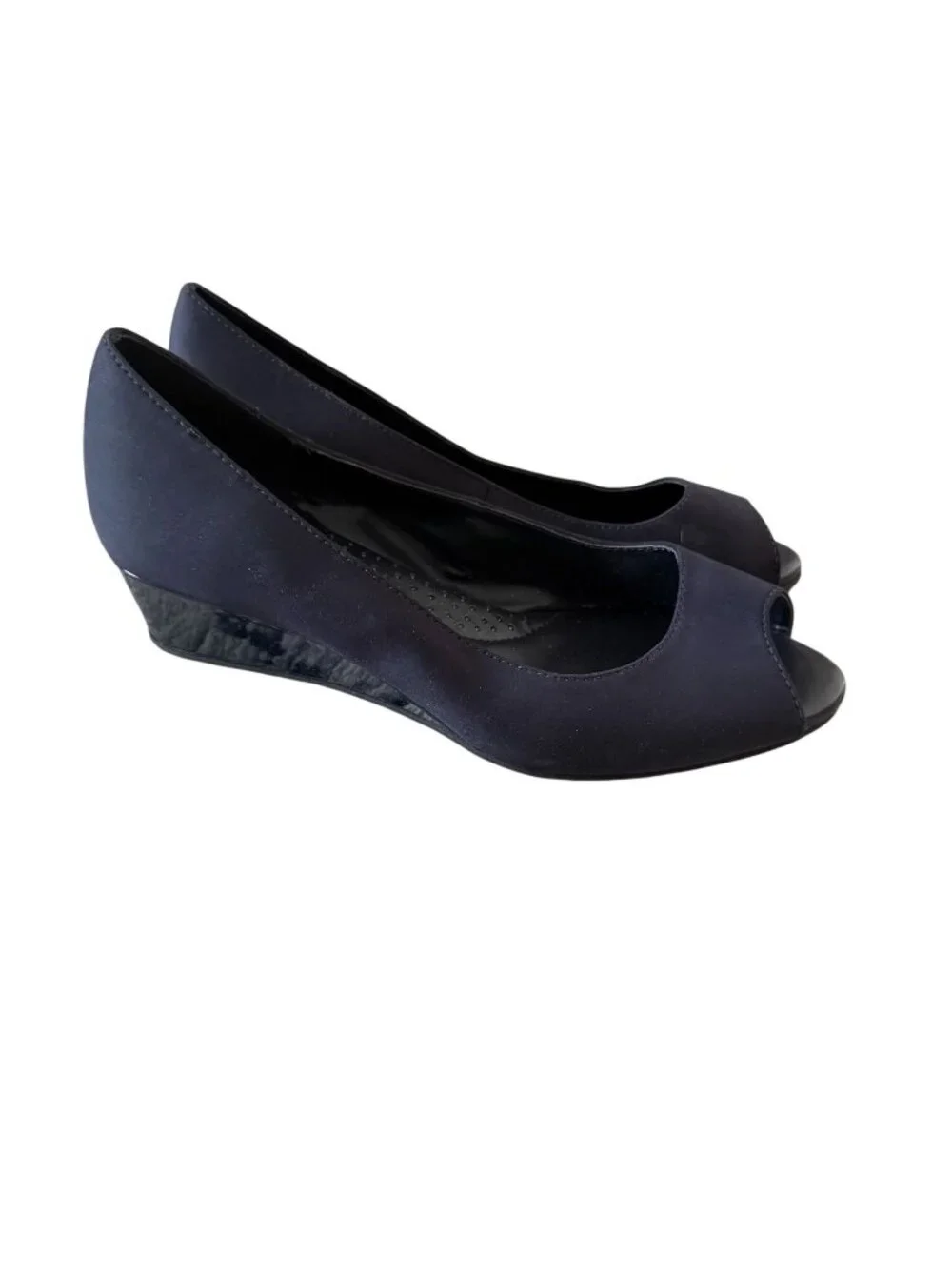BANDOLINO Navy Fabric Peeptoe Wedges Size 7.5W